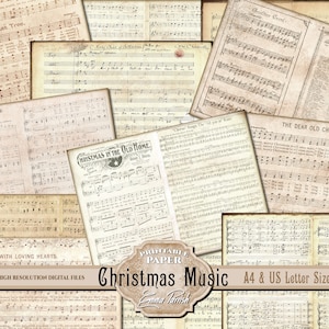 Vintage Christmas Printable Music Paper, Junk Journal Pages, Festive Scrapbook Collage sheets, Christmas Card Making Papers, Victorian Aged