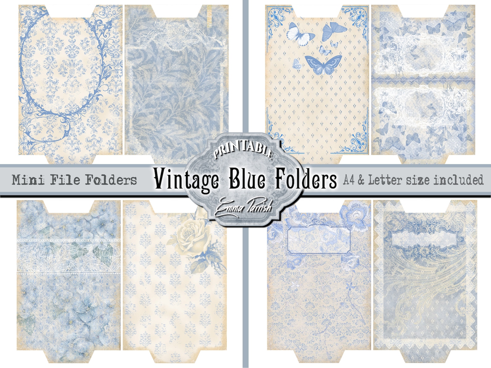 Vintage Blue Mini File Folders, Antique, Junk Journal Kit, Digital ...