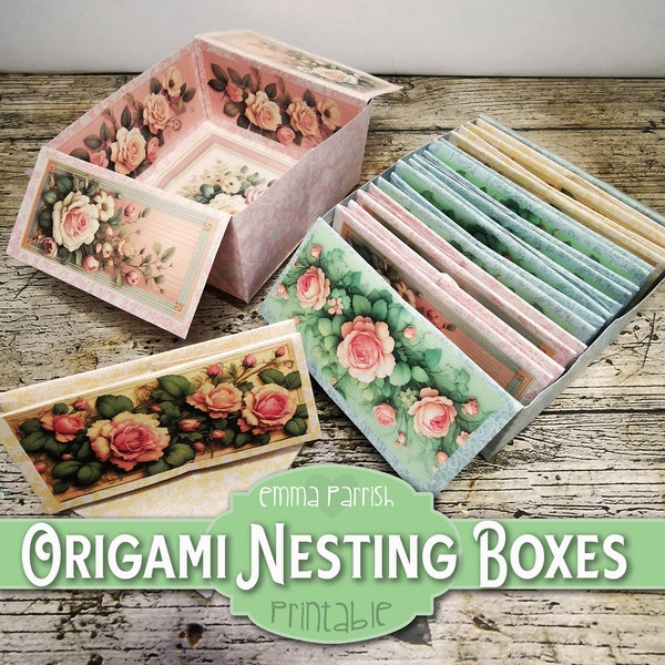 Papier Box zum Ausdrucken, Origami, Junk Journal Kit, Rosen, Shabby Chic, hübsche Nistkästen, Papierhandwerk, Kartenherstellung, Bastelbedarf Herunterladen