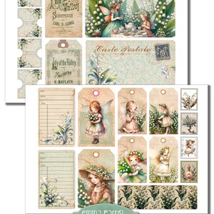 May include: A digital collage sheet featuring illustrations of fairies and lily of the valley flowers. The sheet includes various images, including fairies with wings, a tea party, and a vintage postcard. The sheet is perfect for scrapbooking, card making, and other craft projects.