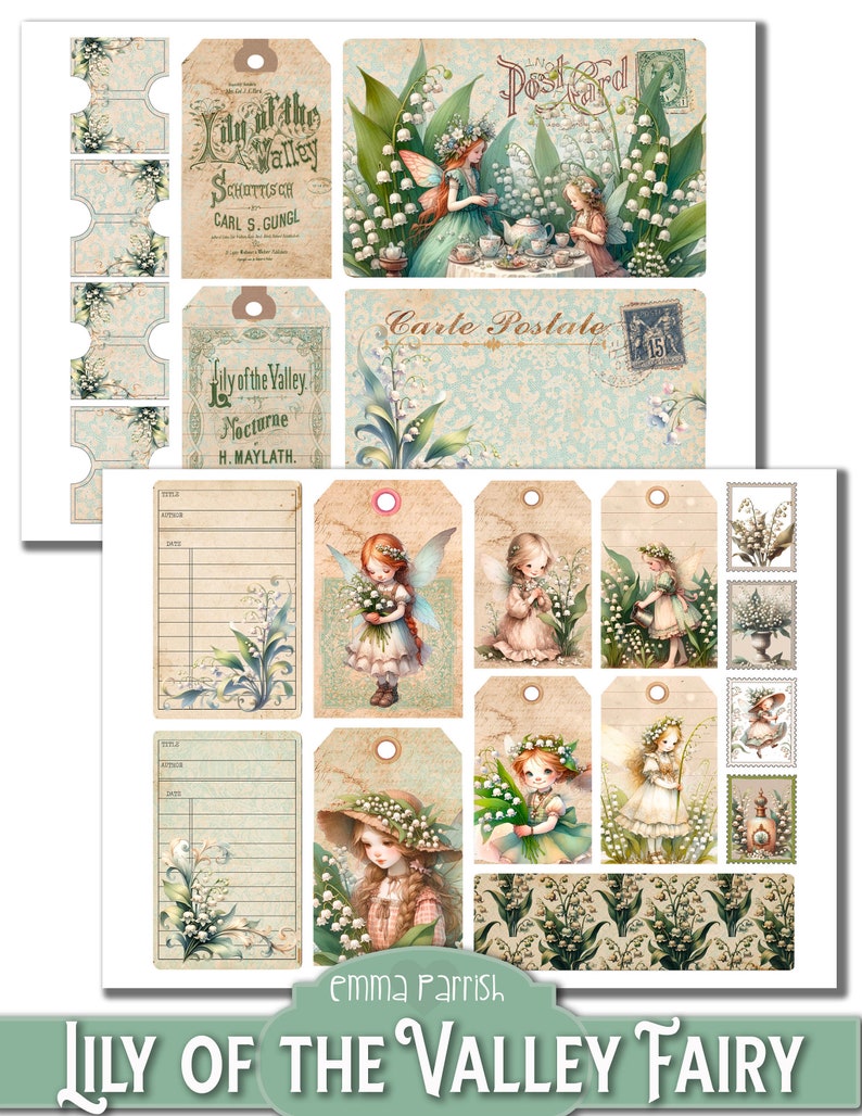 May include: A digital collage sheet featuring illustrations of fairies and lily of the valley flowers. The sheet includes various images, including fairies with wings, a tea party, and a vintage postcard. The sheet is perfect for scrapbooking, card making, and other craft projects.