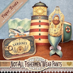 Puede incluir: Una colección de recortes de papel con temática náutica que incluye un faro, un tritón tatuado sosteniendo una lata de sardinas, un fondo de olas y una etiqueta rectangular de lata de sardinas con el texto Our Lady The Tides Sardines.
