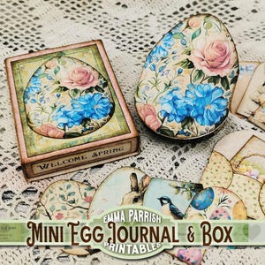 May include: Printable set of Easter egg journal and box with floral designs. The set includes a box with a floral egg design and the words "Welcome Spring" on the front, a floral egg design, and a variety of other floral and spring-themed designs.