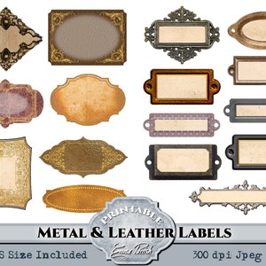 May include: A set of printable metal and leather labels in various shapes and sizes. The labels are in different colors and styles, including gold, brown, black, and silver. The labels are perfect for adding a vintage touch to your crafts and projects.