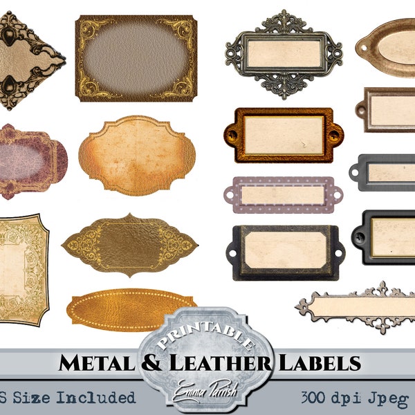 Vintage Metal & Leather Printable Junk Journal Label Tags, Fussy Cut Bookplate Scrapbook Embellishment Ephemera, Filing Cabinet Label