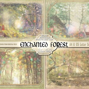 May include: A digital collage of four images featuring an enchanted forest with glowing lights, a deer, and two figures in the distance. The text "JOUGAL PRINTABLE KIT Enchanted FOREST A4 & US Letter Sizes Included" is at the bottom of the collage.