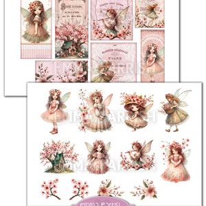 May include: A digital collage sheet featuring illustrations of fairies with cherry blossom flowers and a small cottage. The sheet includes the text "Cherry Blossom Fairy" and "Emma Parrish".