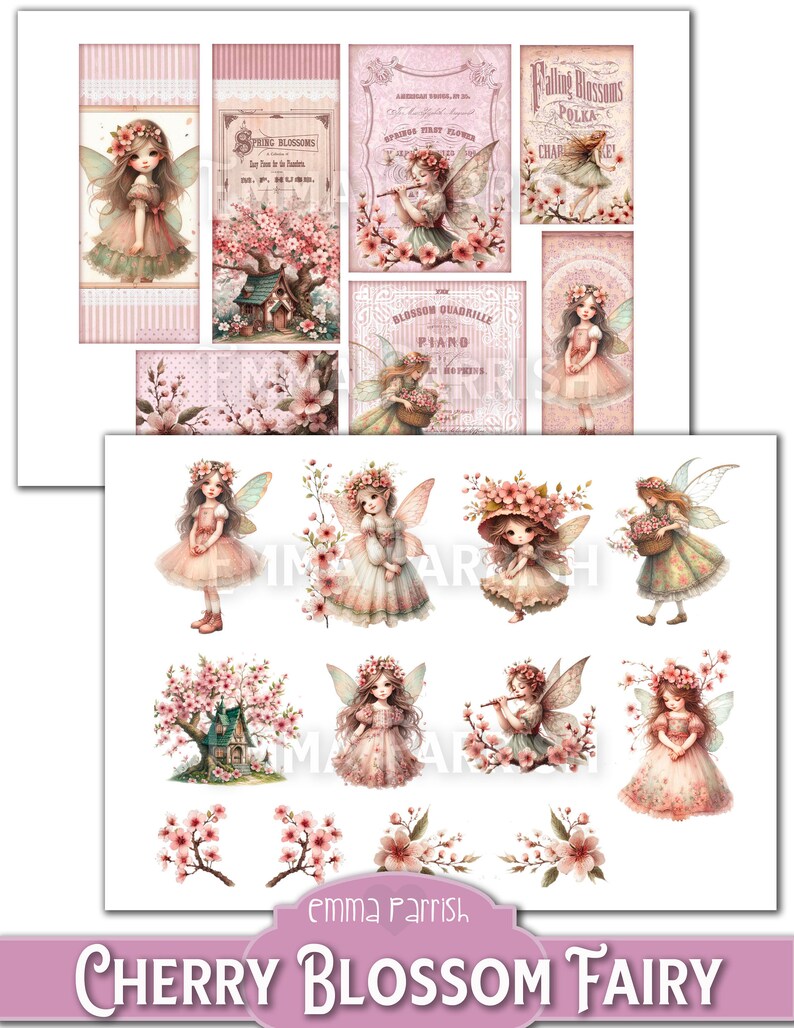 May include: A digital collage sheet featuring illustrations of fairies with cherry blossom flowers and a small cottage. The sheet includes the text "Cherry Blossom Fairy" and "Emma Parrish".
