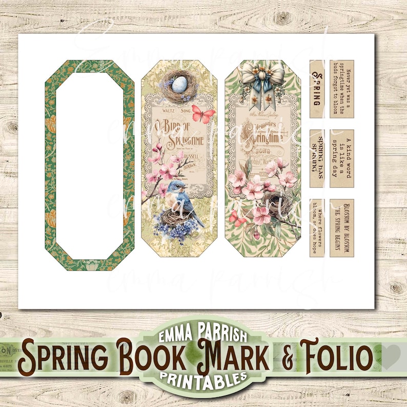May include: Printable spring-themed bookmarks and folio pages featuring a bird, flowers, and the text "Waltz Song, Bird of Springtime, Russell", "Springtime", "Spring has Sprung", "Bloom by Bloom the Spring Begins", "A kind word is like a spring day", and "Never yet was a springtime when the buds forgot to bloom".
