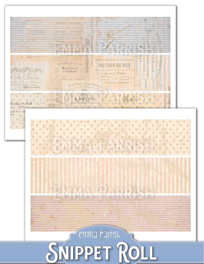 May include: A digital paper pack with vintage French-inspired designs. The pack includes polka dot patterns, stripes, and a design with the text "Du Coin de Rue" in French. The designs are in shades of pink, beige, and gray.