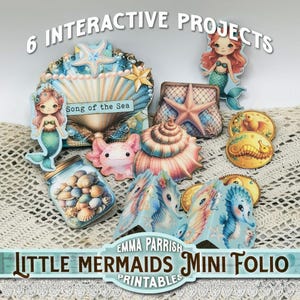 Little Mermaids Mini Interactive Folio, Printable Papercraft, 6 Interactive Projects, Ocean, Beach, Junk Journal Kit, Cardmaking, Cricut