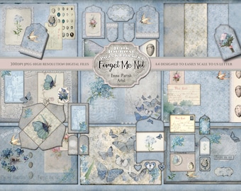 Junk Journal Digital Printable Paper Kit, Forget Me Not, Blue Vintage Ephemera, Scrapbook Album Pages Supplies