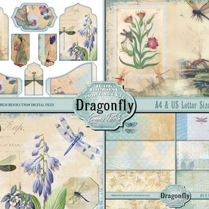 Dragonfly Junk Journal Kit, Digital Printable Paper, Vintage Nature Download Pages, Insect Printables, Scrapbook, Papercraft Collage Set