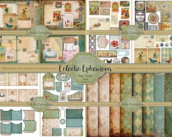 May include: A digital collage sheet with vintage style images and patterns. The sheet includes images of butterflies, birds, flowers, keys, and other decorative elements. The sheet is designed to be used for scrapbooking, card making, and other paper crafts. The text on the sheet reads "Eclectic Ephemera" and "Junk Journal Pages & Papers".