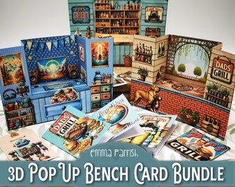 Pop Up Bench Card Making Bundle, Male Mens Blue Boys Cards, Cricut PNG, Shed, BBQ, Gamer Boy Card Printable, Papercraft, Junk Journal Insert