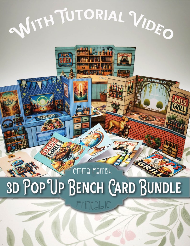 K&ouml;nnte beinhalten: Ein 3D-Pop-up-Bankkarten-Set mit druckbaren Designs, darunter eine Werkstatt, ein Spielzimmer und eine Grillszene. Die Karten zeigen detaillierte Illustrationen von Werkzeugen, Computern, Lebensmitteln und Haustieren mit Text wie Dads Grill.