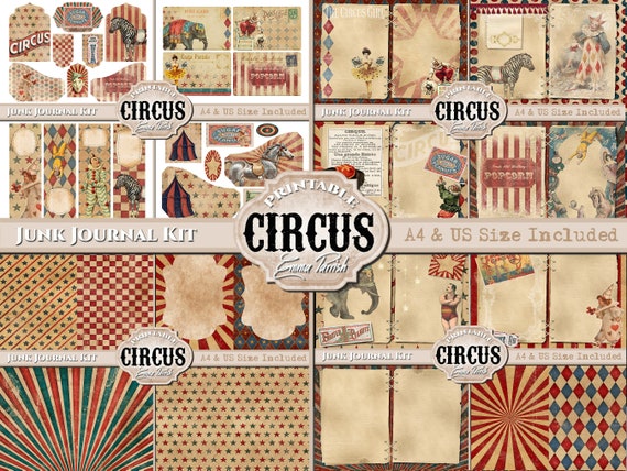 アンティークペーパーグッズ Vintage Circus Junk Journal Kit, Printable Circus Digital