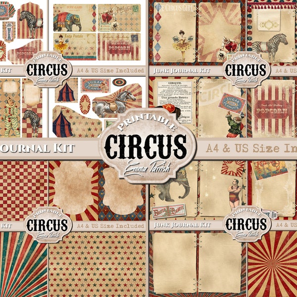 Vintage Circus Junk Journal Kit, Printable Circus Digital Paper Set, Shabby Circus Ephemera Pages, Scrapbook Ephemera Collage Page download