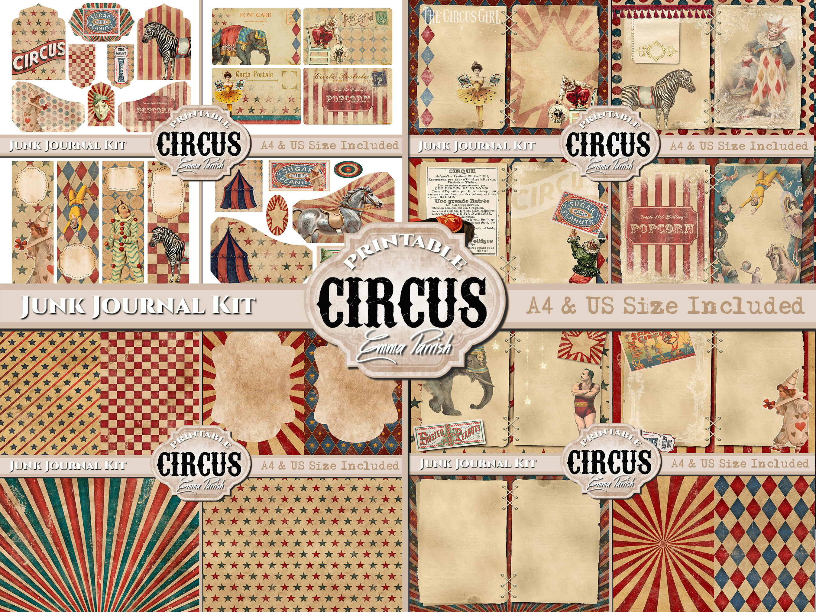 Vintage Circus Junk Journal Kit, Printable Circus Digital