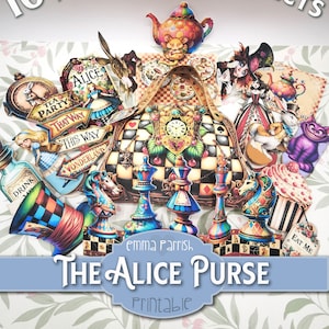 Alice in Wonderland Purse Printable Junk Journal Folio, Cricut tested, 10 Interactive Papercraft Projects,  Cardmaking, Journaling