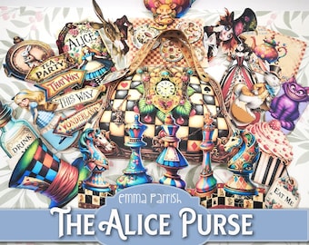 Alice in Wonderland Purse Printable Junk Journal Folio, Cricut tested, 10 Interactive Papercraft Projects,  Cardmaking, Journaling