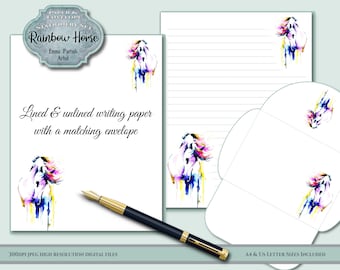 Rainbow Horse Writing Paper Stationery Set, Enveloppe correspondante, A4 &US Lettre doublée et non doublée Papier à notes ordinaire, Téléchargement instantané imprimable