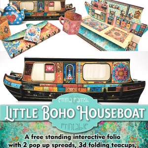 Journal intime imprimable Little Boho Houseboat, bateau-maison, péniche, barge, projets de bricolage interactifs pop-up, bohème, hippie