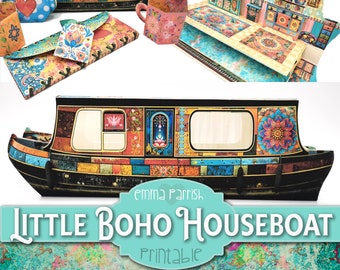 Kleine Boho Woonboot afdrukbare Junk Journal Folio, rondvaartboot, narrowboat, binnenschip, pop-up interactieve papercraft-projecten, Boho, hippie