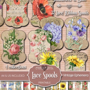 Ribbon Spools, Lace Spools, Sewing, Scrapbook, junk journal kit, printable ephemera, tag, paper, printable, cards, download, vintage