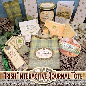 May include: A collection of Irish-themed paper craft items including a green plaid tote, a tea tin labelled Irish Breakfast Tea, a soda bread cutout, a butter block, a bookmark with green tassel, and cards featuring shamrocks and Irish blessings.