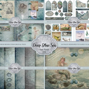 Ocean Junk Journal Kit, Nautical Blue Digital Paper Printable, Marine Aquatic Vintage Ephemera Pages, Scrapbook Supplies Set
