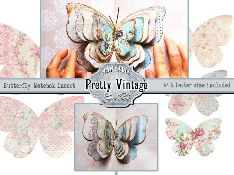 May include: Printable butterfly notebook insert with a vintage floral design. The butterfly is layered and has a blue, white, and pink color scheme. The text "Pretty Vintage" is included in the image.