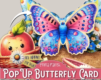 Pop Up Butterfly Card, Cricut Tested, Caterpillar, Apple, Teachers Card, Mentors Card, Thank You Card Making, Journal Insert, Papercraft