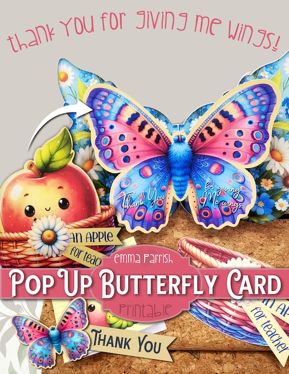 Pop Up Butterfly Card, Cricut Tested, Caterpillar, Apple, Teachers Card, Mentors Card, Thank You Card Making, Journal Insert, Papercraft