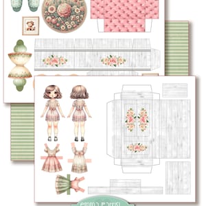 May include: Printable dollhouse suitcase papercraft kit with a white and pink color scheme. The kit includes a dollhouse, furniture, and two dolls. The dolls are wearing pink and white dresses. The dollhouse has a floral design. The text "Emma Parrish Dollhouse Suitcase" is at the bottom of the image.