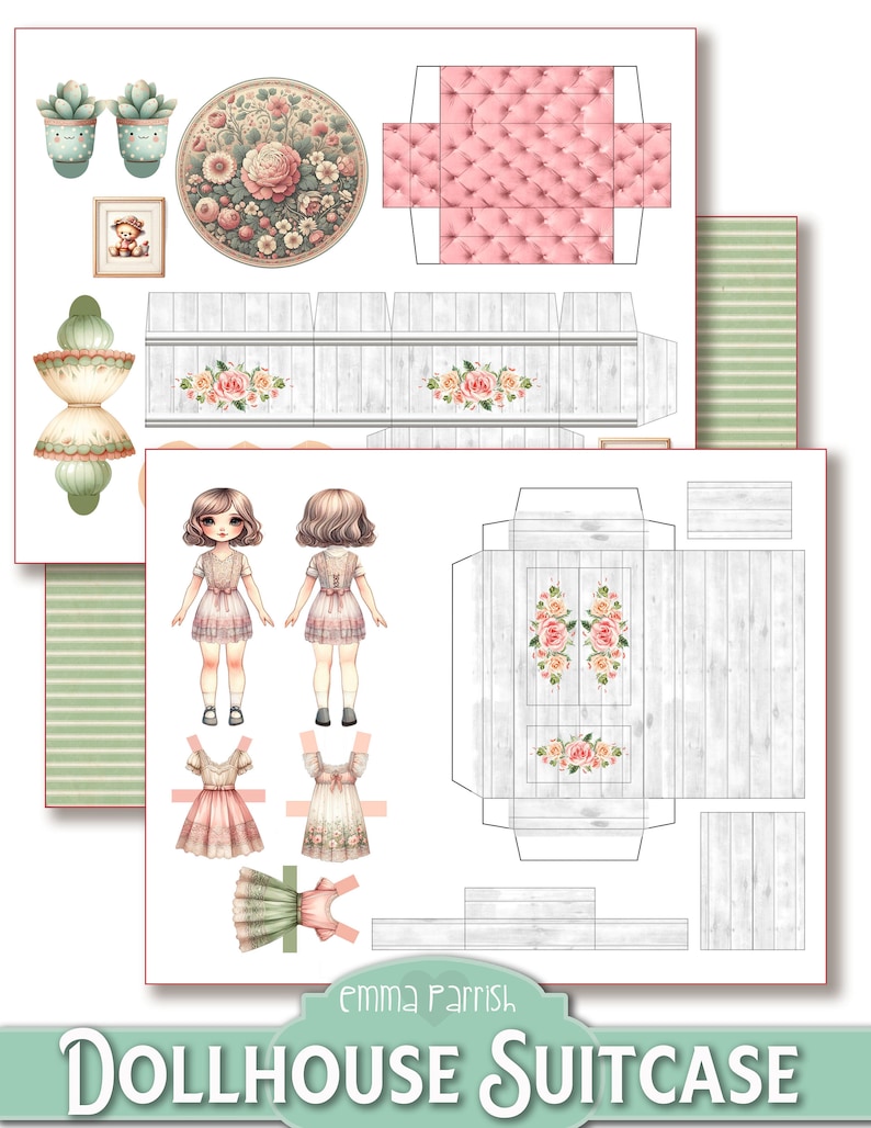 May include: Printable dollhouse suitcase papercraft kit with a white and pink color scheme. The kit includes a dollhouse, furniture, and two dolls. The dolls are wearing pink and white dresses. The dollhouse has a floral design. The text "Emma Parrish Dollhouse Suitcase" is at the bottom of the image.