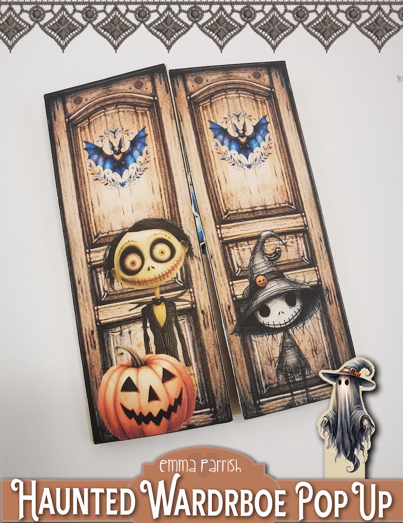 May include: A pop-up card with a haunted wardrobe theme. The card features two doors with spooky characters and a jack-o-lantern. The text "HAUNTED WARDROBE POP UP" is printed on the front of the card.