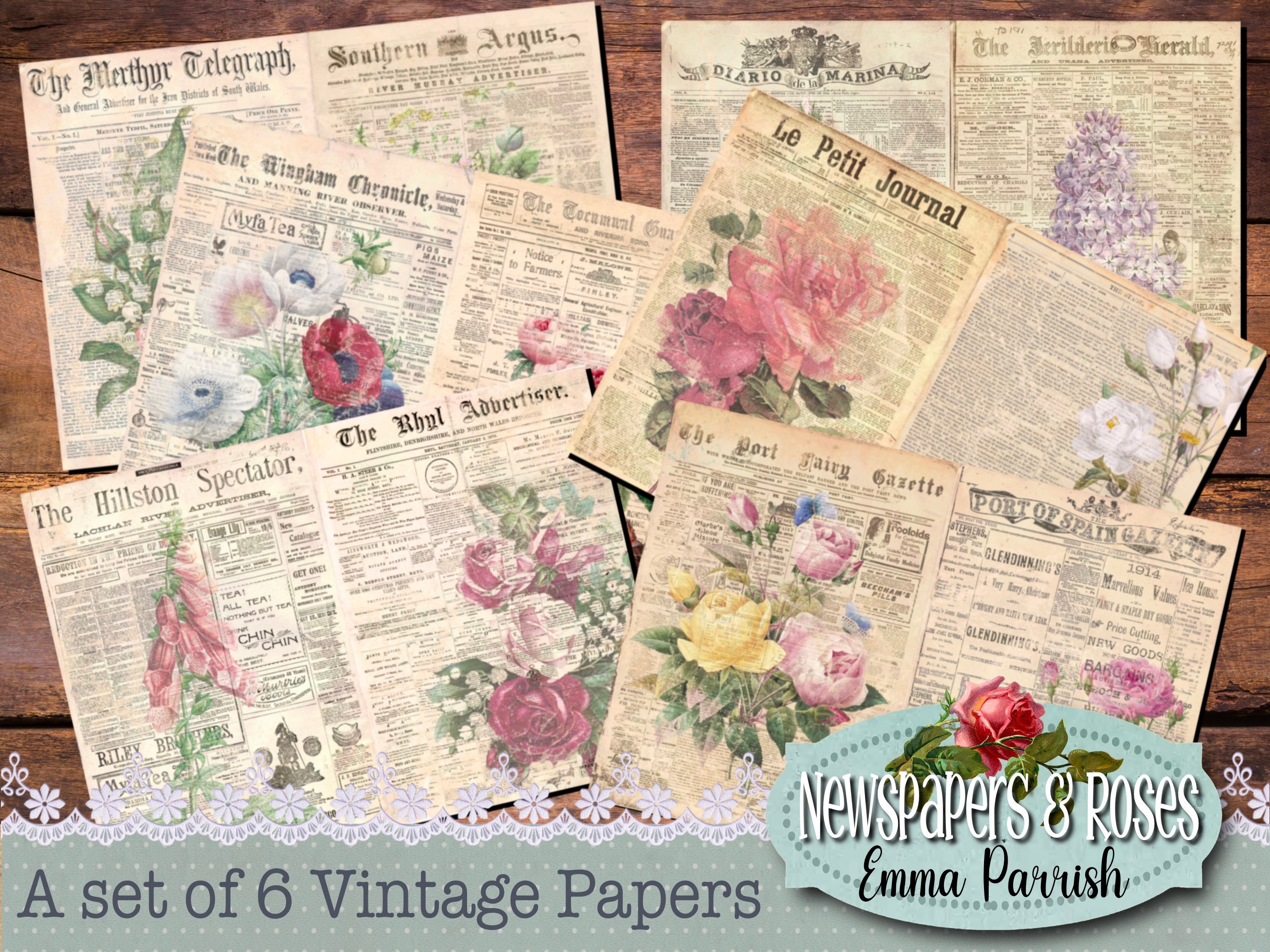 Shabby Roses Printable Paper, Vintage Junk Journal Pages