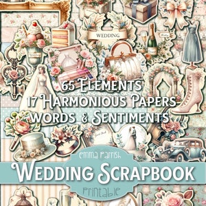 Kit de scrapbooking de mariage imprimable, mariage, PNG et JPEG, Cricut, Canva, album souvenir, création de cartes de mariage, découpes soignées, pack papier, sentiments