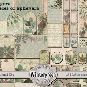 Winter Green Junk Journal Kit, Winter Solstice Yule Printable Pages, Printable Ephemera Paper, Christmas Vintage Download Scrapbook Kit