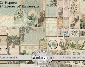 Winter Green Junk Journal Kit, Winter Solstice Yule Printable Pages, Printable Ephemera Paper, Christmas Vintage Download Scrapbook Kit