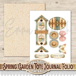 May include: A collection of spring-themed printable journal elements. The designs include birdhouses, floral accents, an oval-shaped design, and a butterfly. The color palette features soft blues, greens, and pinks, with gold accents. The text reads "Spring Garden Tote Journal Folio Printables."