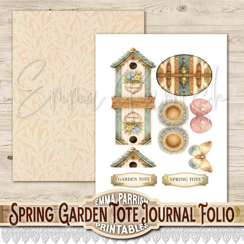 May include: A collection of spring-themed printable journal elements. The designs include birdhouses, floral accents, an oval-shaped design, and a butterfly. The color palette features soft blues, greens, and pinks, with gold accents. The text reads "Spring Garden Tote Journal Folio Printables."