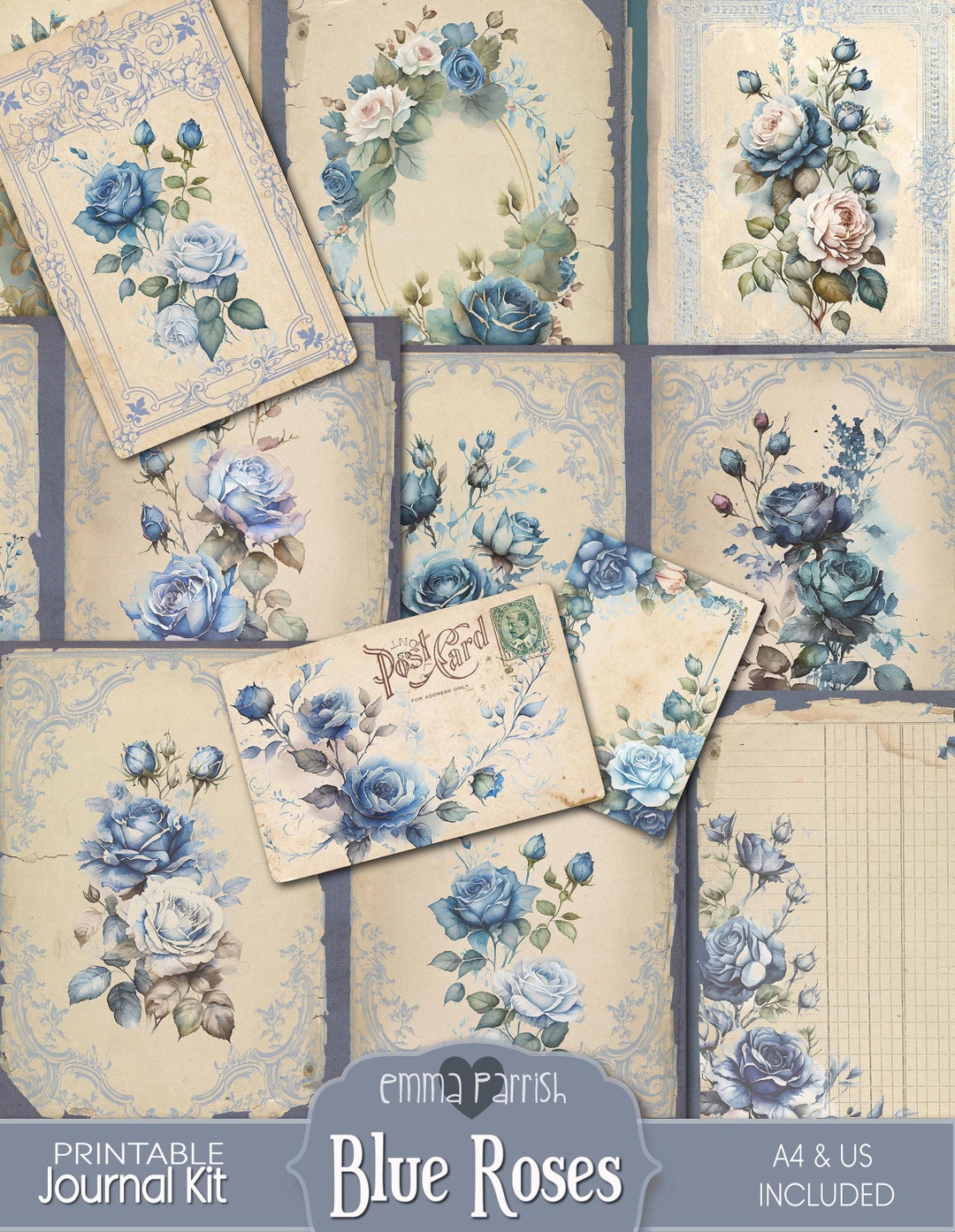 Blue Rose Junk Journal Kit, Shabby, Vintage Flowers, Botanical, Digital