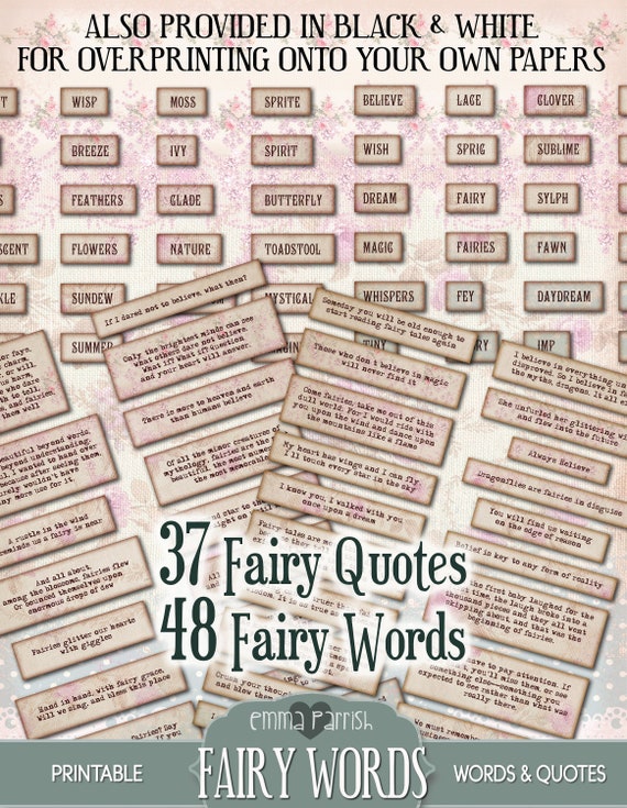 Printable Fairy Words, Quotes & Phrases, Junk Journal, Ephemera, Embellishments, Craft Kit Scraps, Vintage, Fussy Cut, Collage, card making