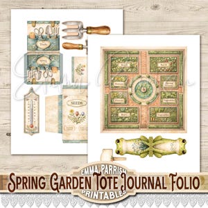 May include: A collection of printable garden-themed journal pages. Includes a garden layout, seed packets, tools, and a thermometer. The text "Spring Garden Tote Journal Folio Printables" is displayed at the bottom.