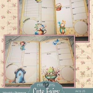 May include: A printable weekly planner featuring a cute fairy theme. The planner has sections for to-do lists, goals, meals, notes, and self-care. The planner is decorated with illustrations of fairies, flowers, and a whimsical cottage.