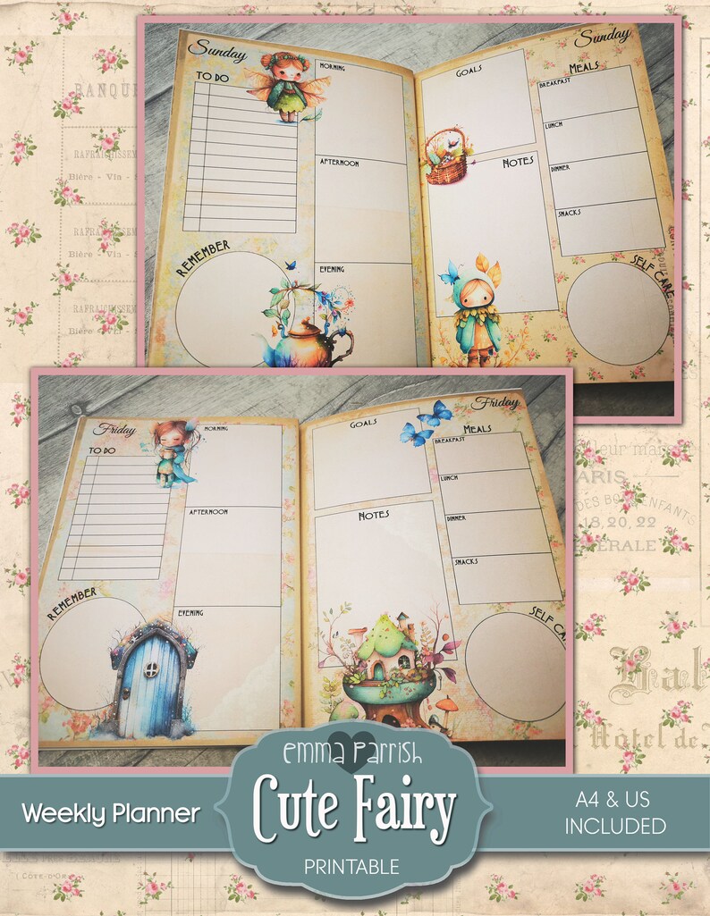 May include: A printable weekly planner featuring a cute fairy theme. The planner has sections for to-do lists, goals, meals, notes, and self-care. The planner is decorated with illustrations of fairies, flowers, and a whimsical cottage.