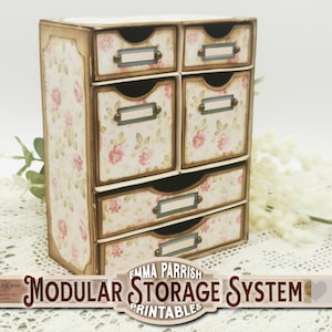 Modular Storage System, Printable, Papercraft, Craft Storage Drawers, Shabby Vintage Rose, Cricut, Junk Journal, Video Tutorial, Download