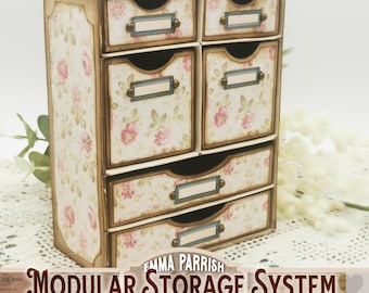Modular Storage System, Printable, Papercraft, Craft Storage Drawers, Shabby Vintage Rose, Cricut, Junk Journal, Video Tutorial, Download